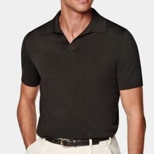Suitsupply Johnny collar black knit polo shirt cotton silk medium